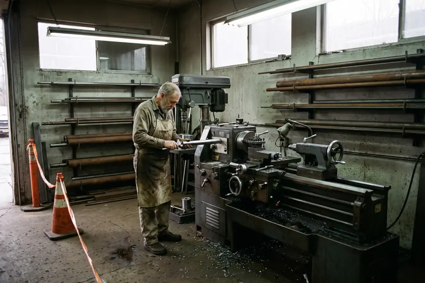 The interior of a small family machine shop with a lathe and steel stock racked on the wall