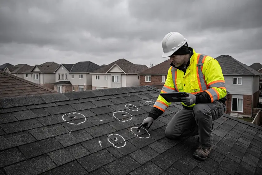 An Ironclad Mutual adjuster marking hail impacts on an asphalt shingle roof