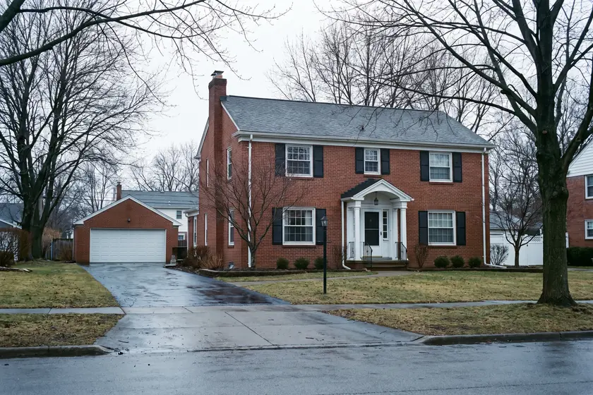 A red brick colonial house on a Midwestern street under flat winter light